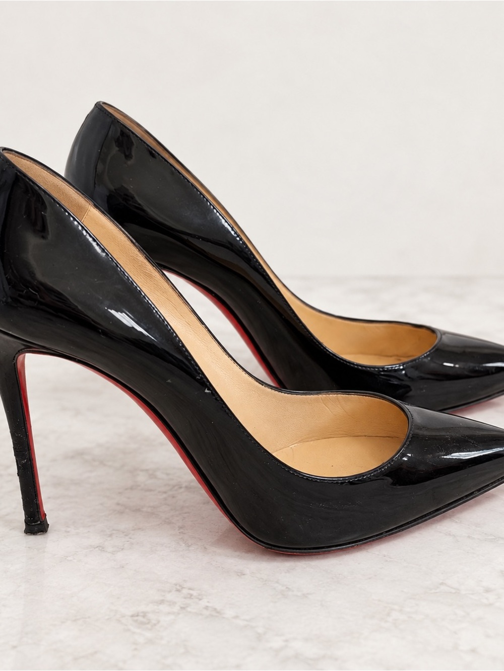 Christian Louboutin Black Patent Pointed-Toe Stiletto Pumps with Red Sole - Picture 2 of 4